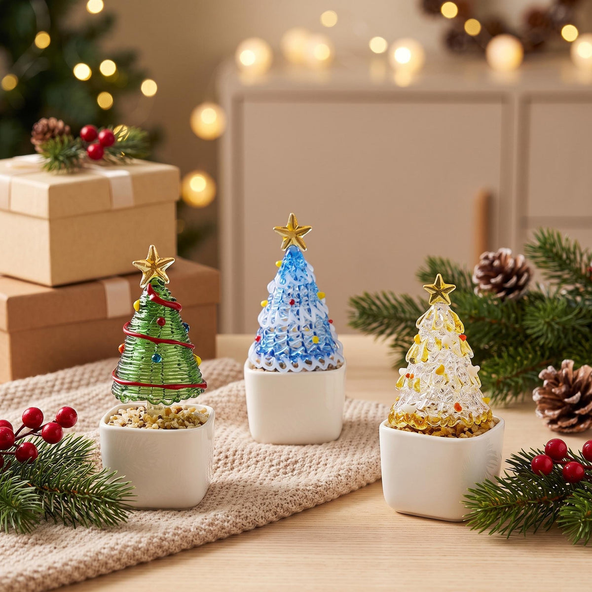 May include: Three decorative glass Christmas tree figurines in white square pots. One tree is green with red wire, one is blue with white accents, and one is clear with gold tones. Each tree is topped with a small gold star and sits on gravel.