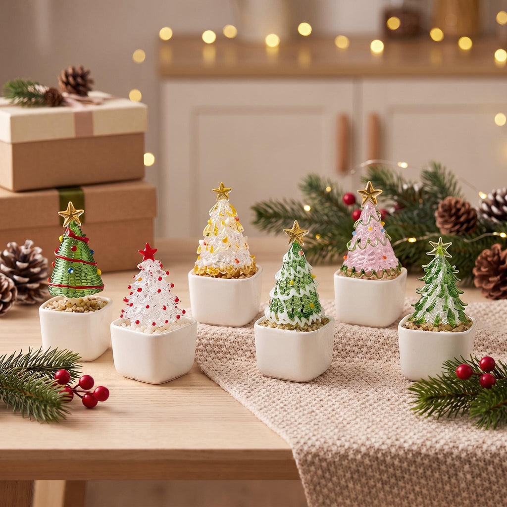 May include: Six miniature decorative Christmas trees in small white square pots. Each tree features a unique color, including green, white, pink, and yellow, with textured details and a gold or red star topper. The trees are arranged on a table.
