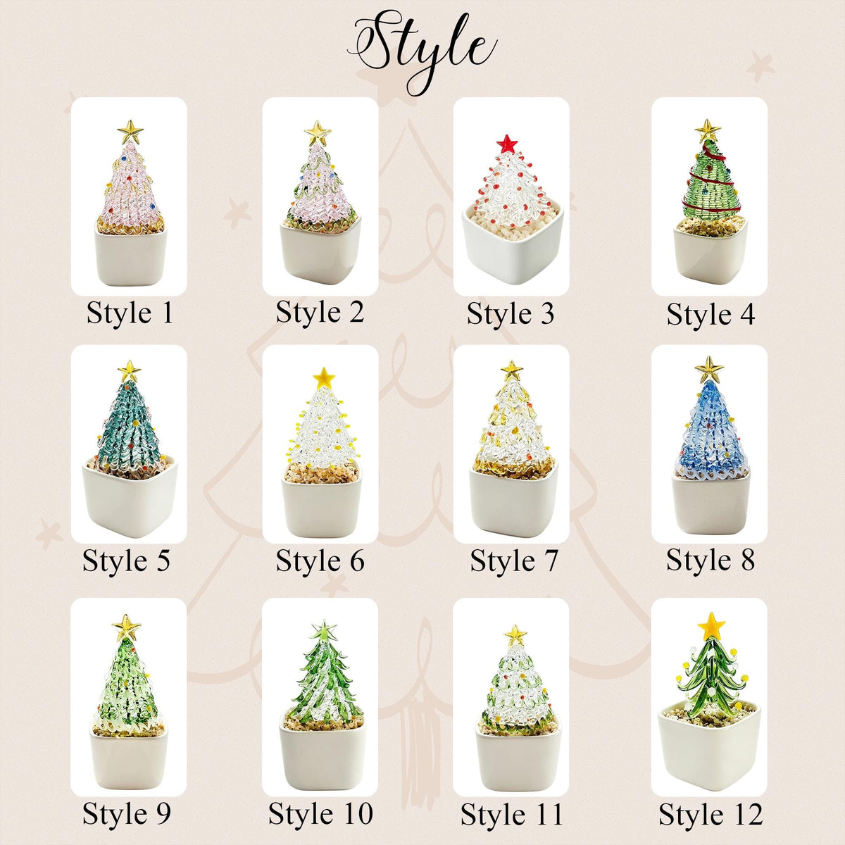 May include: A collection of twelve miniature Christmas tree ornaments labeled Style 1 through Style 12. Each tree is crafted from wire and beads, topped with a star, and set in a small white square pot. The trees feature various colors including pink, green, white, blue, and gold.