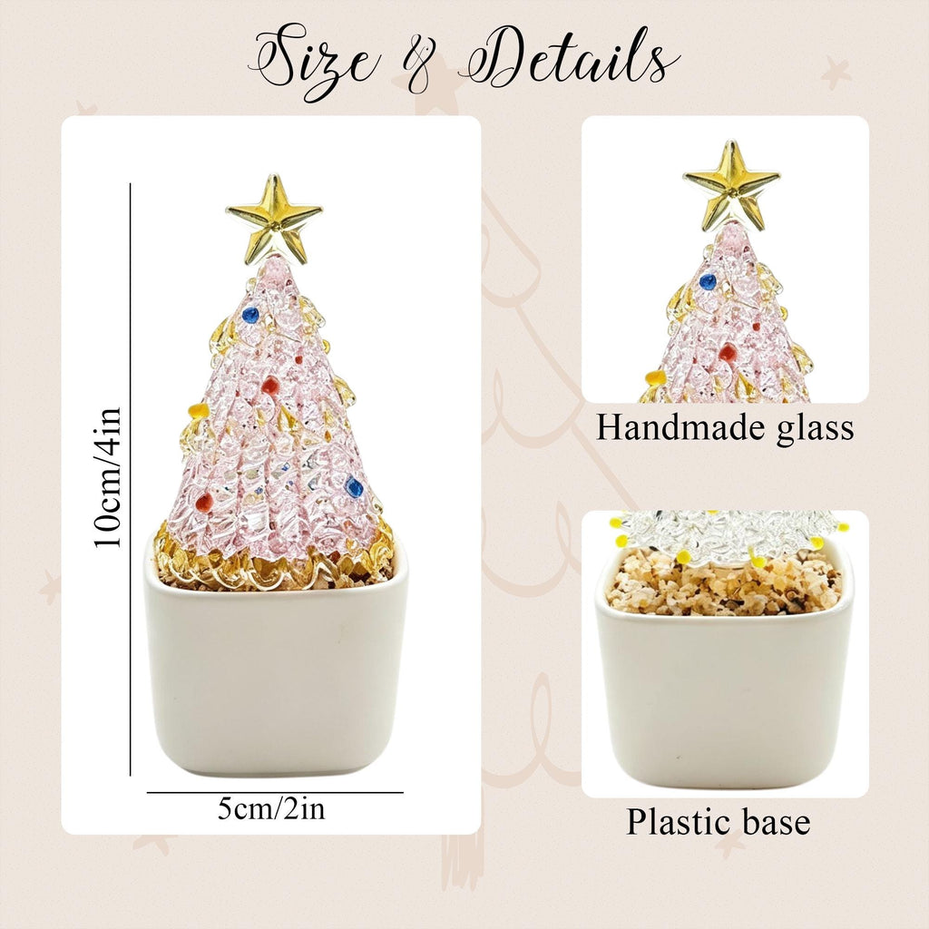 May include: A pink glass Christmas tree ornament with a gold star topper, colorful accents, and a white plastic base. The tree measures 4 inches in height and 2 inches in width. The text Size & Details, Handmade glass, and Plastic base are visible.