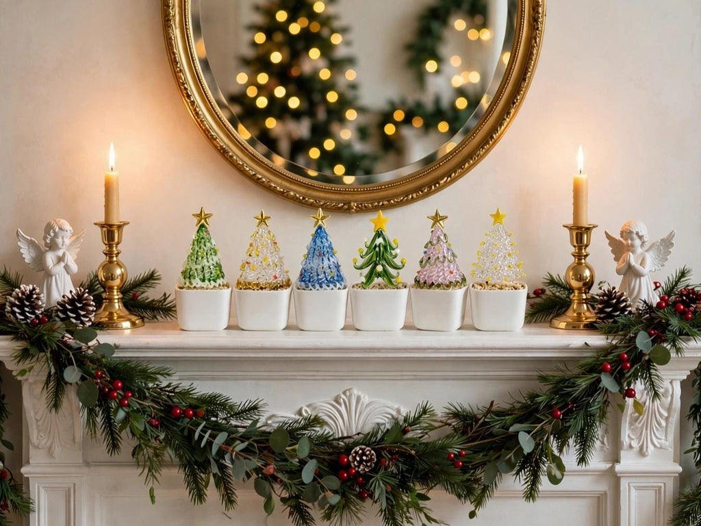 May include: Six small decorative Christmas trees in white square pots, each topped with a gold star. The trees feature varied designs including green, blue, pink, and clear glass-like textures, arranged in a row on a white fireplace mantel.