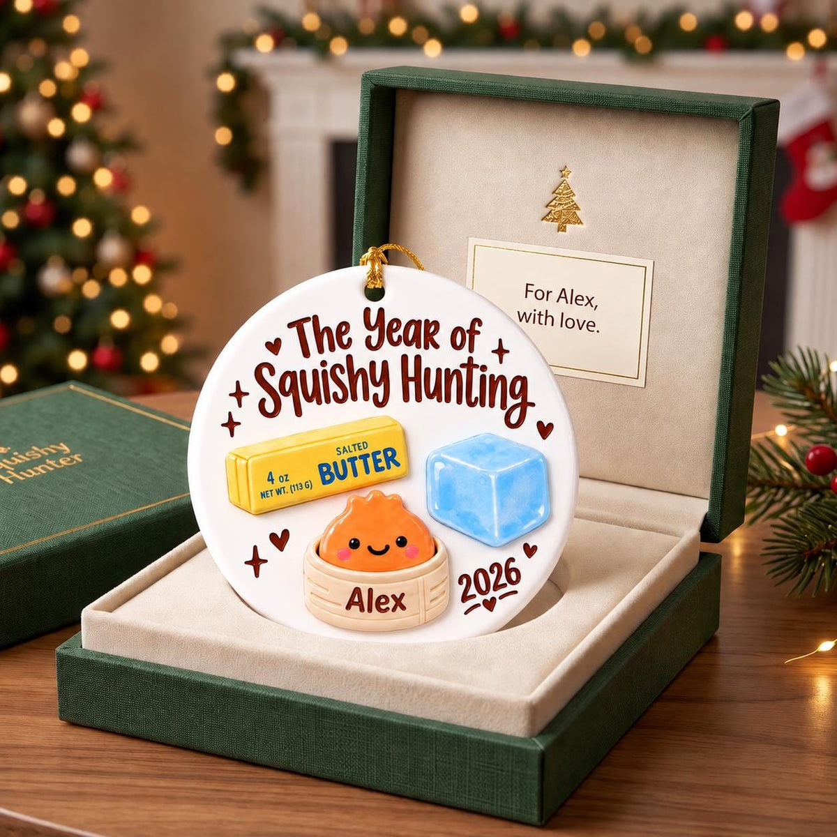 May include: A round white ceramic ornament featuring the text The Year of Squishy Hunting, a yellow stick of salted butter, a blue ice cube, and an orange dumpling character in a steamer basket labeled Alex, with the year 2026 and small red hearts.