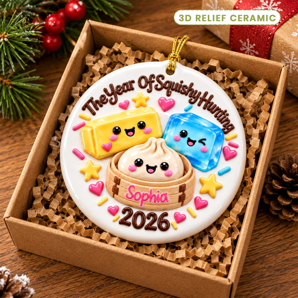 May include: A round white 3D relief ceramic ornament featuring the text The Year Of Squishy Hunting and 2026. The design includes a yellow rectangular block, a blue rectangular block, and a dumpling in a steamer basket with the name Sophia.