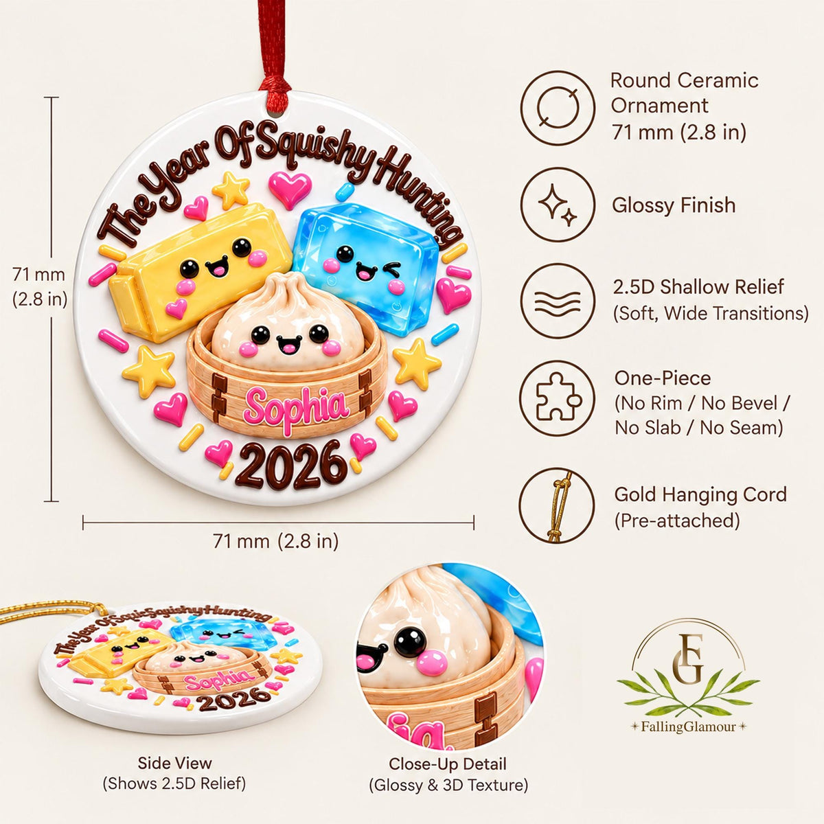 May include: A round white ceramic ornament measuring 2.8 inches in diameter with a glossy finish and a gold hanging cord. It features the text The Year Of Squishy Hunting, the name Sophia, and the year 2026, alongside colorful 3D-style food graphics.