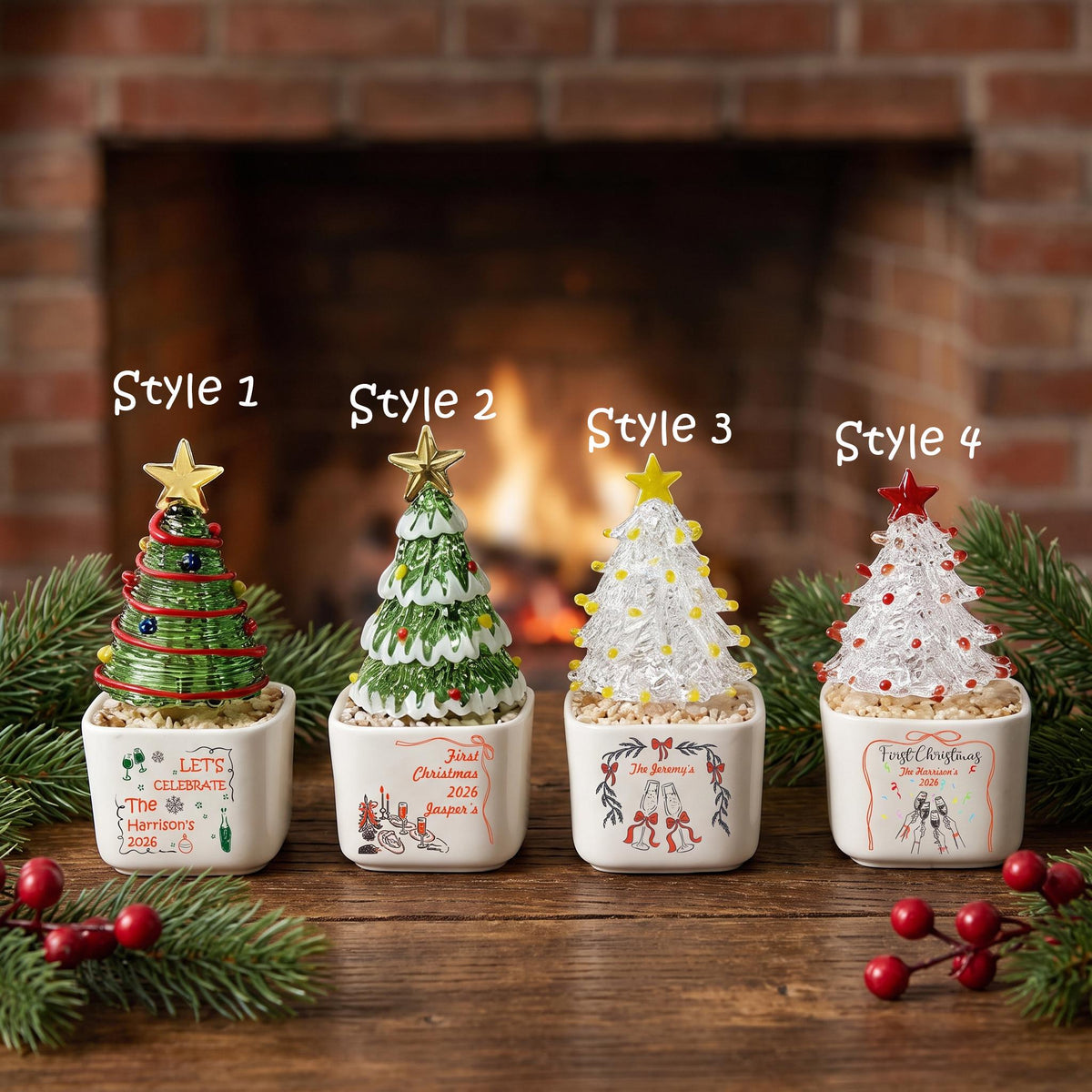 May include: Four miniature Christmas tree ornaments in square white ceramic pots. Style 1 is green with a gold star. Style 2 is green with white snow and a gold star. Style 3 is clear with yellow lights and a yellow star. Style 4 is clear with red lights and a red star.