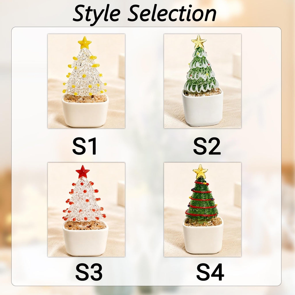 May include: A Style Selection chart displaying four miniature glass Christmas tree figurines in white square pots. S1 features a clear tree with yellow accents, S2 a green tree, S3 a clear tree with red accents, and S4 a green tree with red trim.