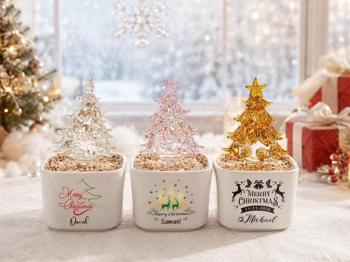 May include: Three square white ceramic planters containing small glass Christmas trees in clear, pink, and gold. Each planter features a unique holiday graphic with the names David, Samuel, and Michael printed on the front surface.