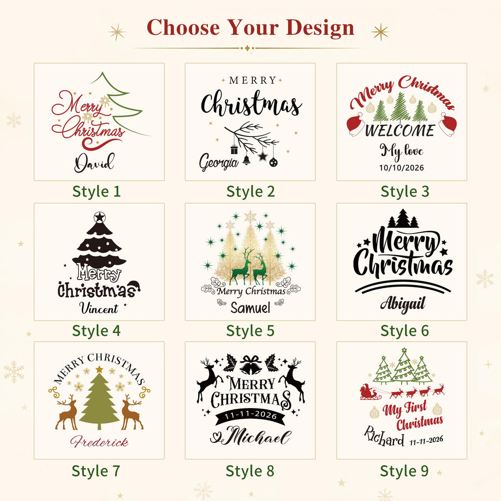 May include: A grid of nine distinct Christmas-themed graphic designs labeled Style 1 through Style 9. Each square features festive elements like Christmas trees, reindeer, Santa, and text such as Merry Christmas and various names like David, Georgia, and Michael.