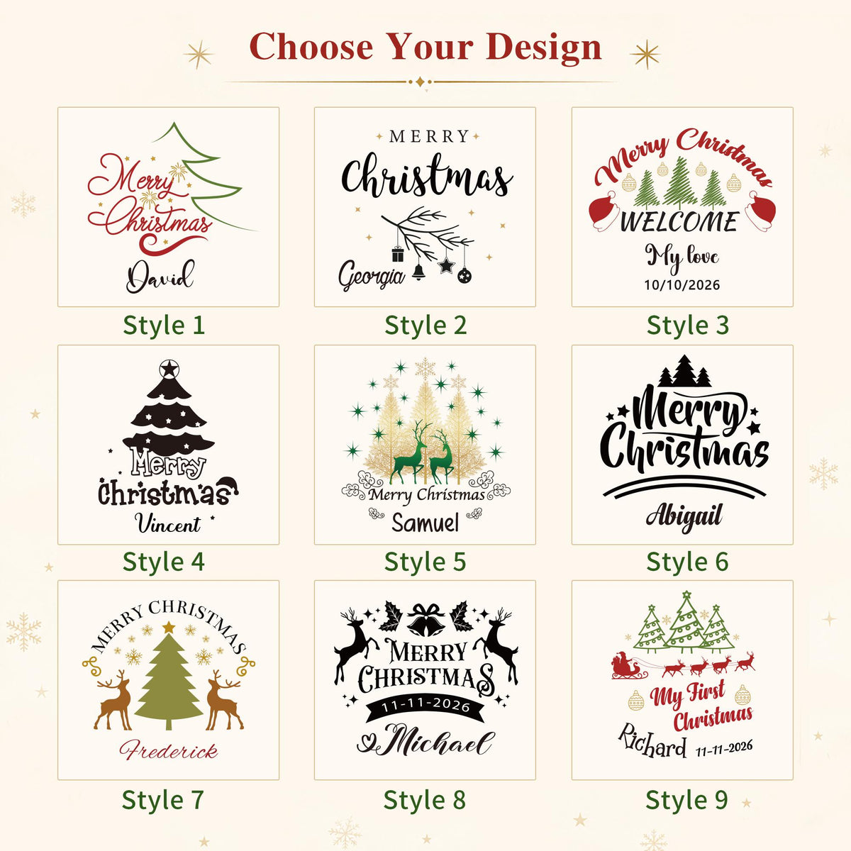 May include: A grid of nine distinct Christmas-themed graphic designs labeled Style 1 through Style 9. Each square features festive elements like Christmas trees, reindeer, Santa, and text such as Merry Christmas and various names like David, Georgia, and Michael.