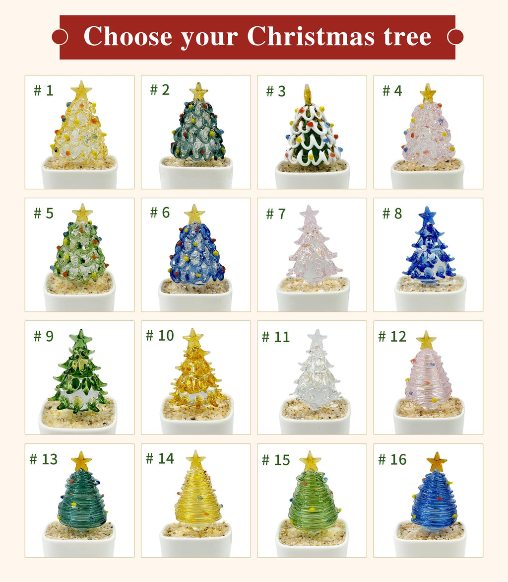 May include: A grid of sixteen miniature glass Christmas tree figurines, each topped with a yellow star and set in a small white square pot filled with sand. The trees vary in color, including clear, green, blue, yellow, and pink, with some featuring multi-colored glass ornaments. The text "Choose your Christmas tree" appears at the top.
