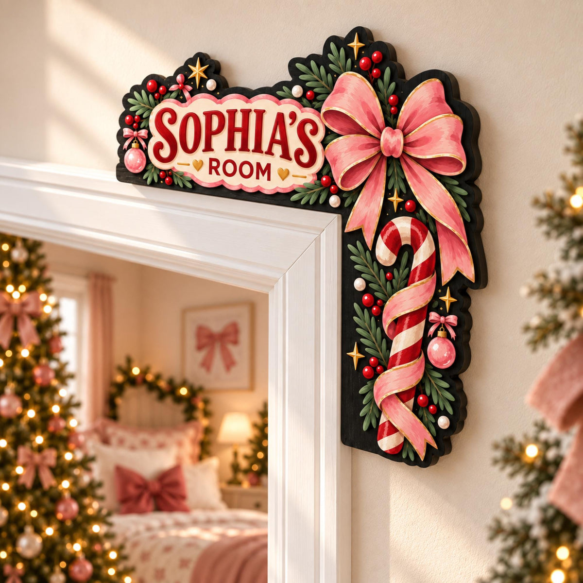 May include: A decorative wooden door corner sign featuring a black background with the text "SOPHIA'S ROOM" in red lettering. The design includes a large pink bow, a red and white candy cane, green pine sprigs, red berries, and pink ornaments.