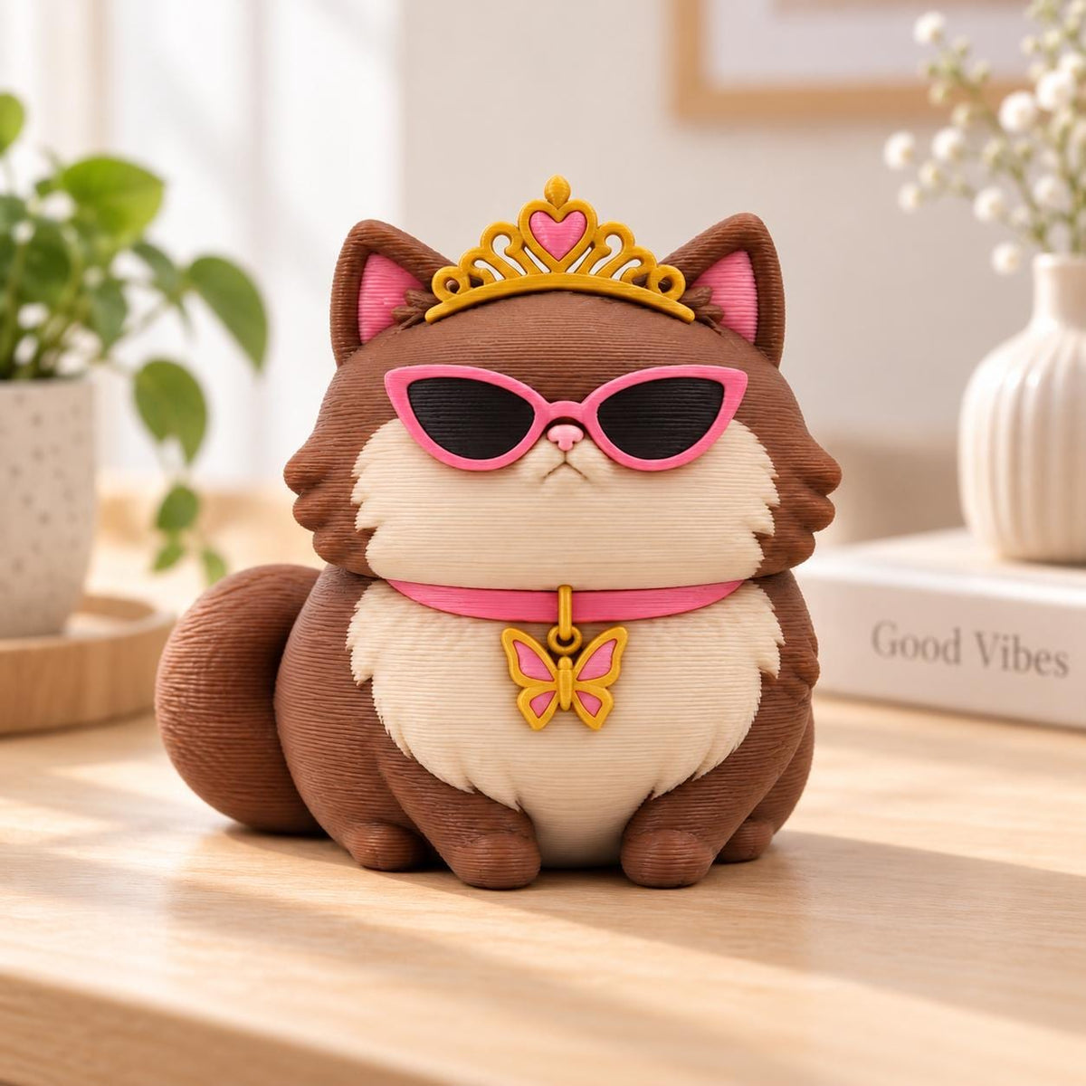 May include: A brown and cream-colored cat figurine wearing a yellow tiara with a pink heart, pink cat-eye sunglasses, and a pink collar with a yellow butterfly charm. The cat has a fluffy appearance and is sitting in a forward-facing position.
