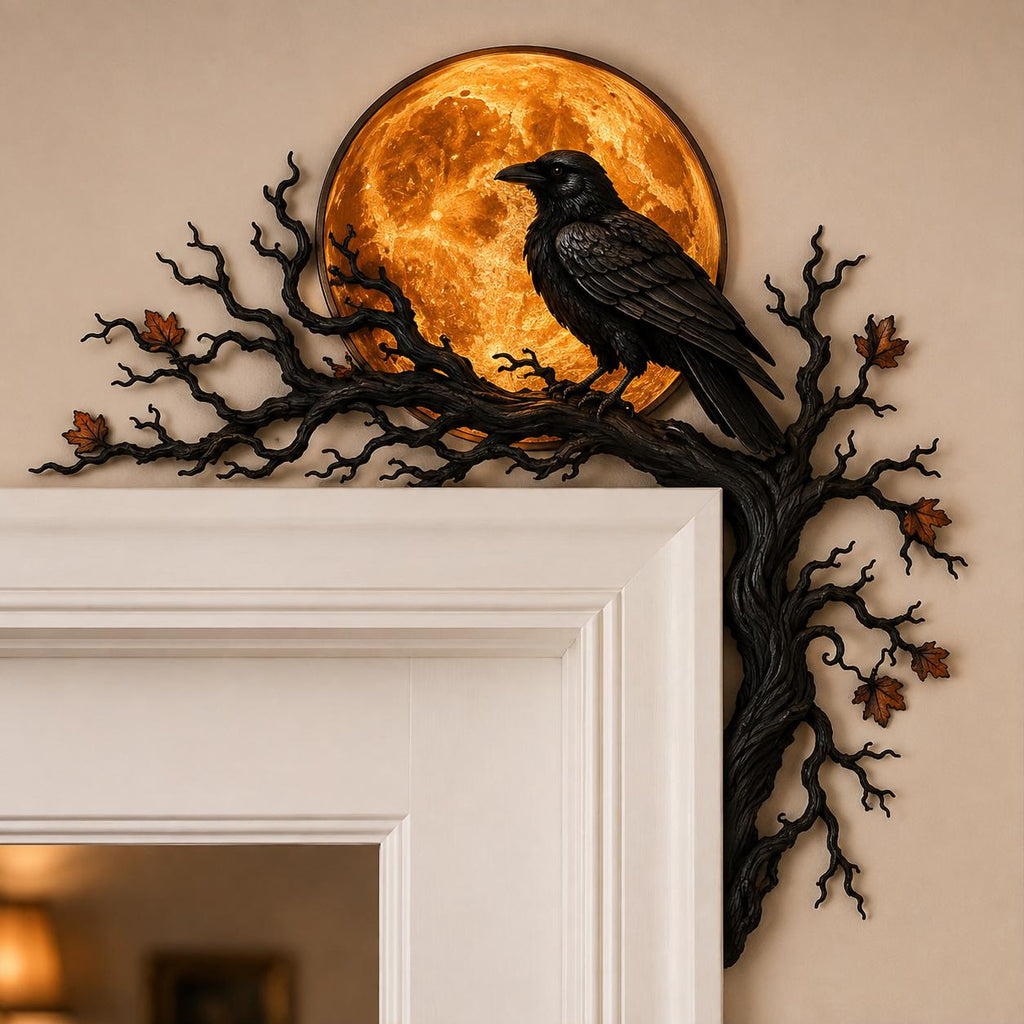 Raven Halloween corner door frame decor with black crow perched on twisted tree branches against a glowing orange full moon and autumn leaves