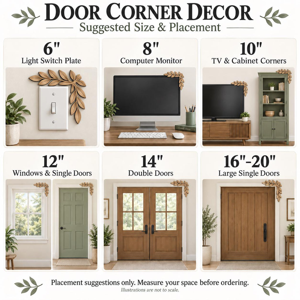 May include: A guide for door corner decor featuring leaf-shaped accents in six sizes from 6 to 20 inches. The image displays placement examples on a light switch, computer monitor, TV, cabinet, window, and various door types with text labels.