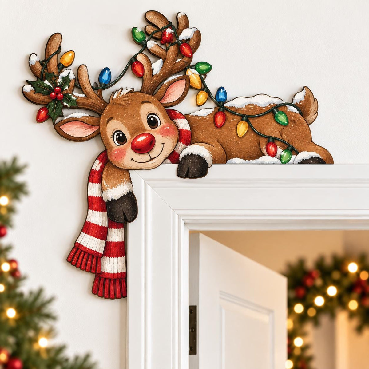May include: A decorative wooden reindeer door topper featuring a brown reindeer with a red nose, wearing a red and white striped scarf. The reindeer is tangled in a string of colorful Christmas lights and accented with green holly leaves.