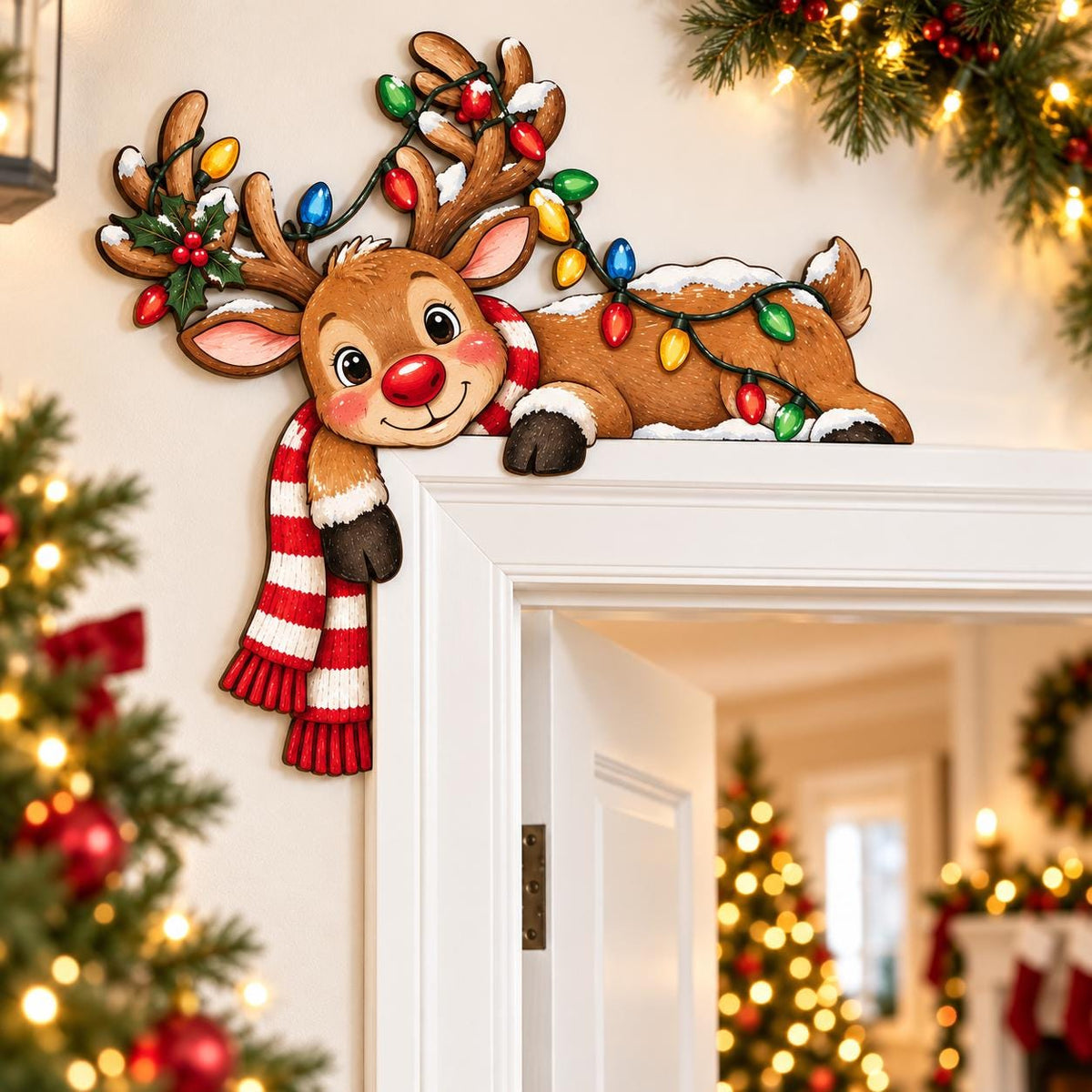 May include: A wooden door corner decoration featuring a brown reindeer with a red nose, wearing a red and white striped scarf. The reindeer is tangled in a string of colorful Christmas lights and has snow on its antlers and back, designed to sit on a frame.