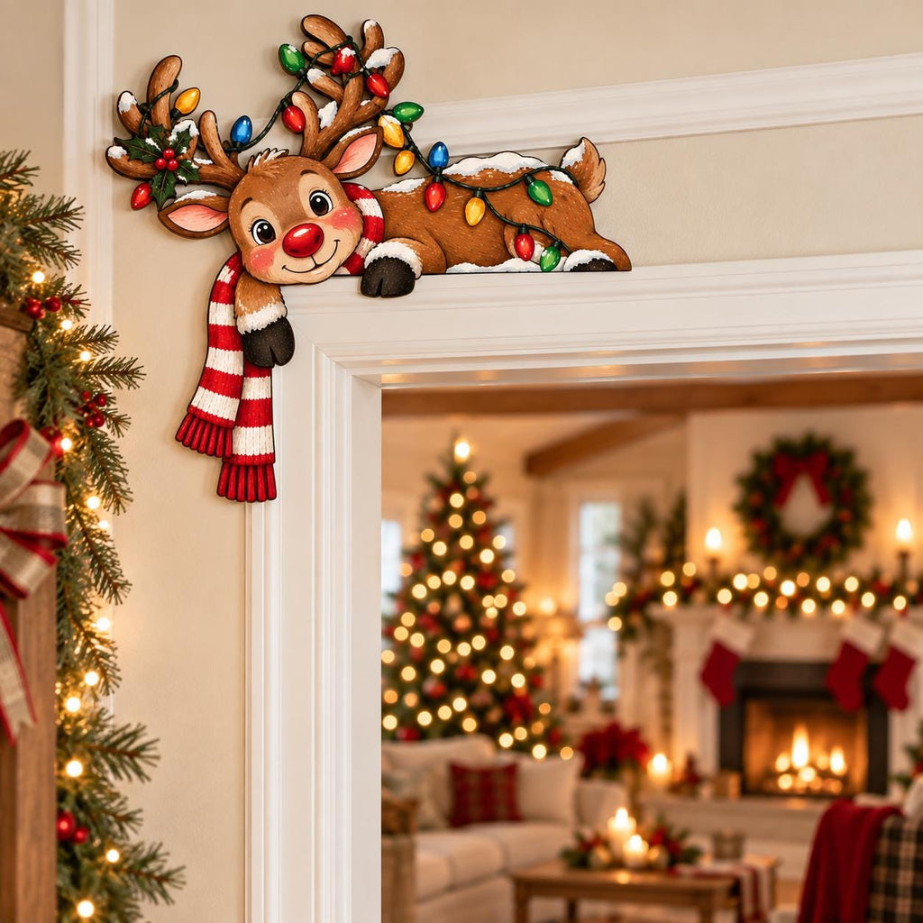 May include: A wooden door corner decoration featuring a brown reindeer with a red nose, wearing a red and white striped scarf. The reindeer is tangled in a string of colorful Christmas lights with red, green, blue, and yellow bulbs.