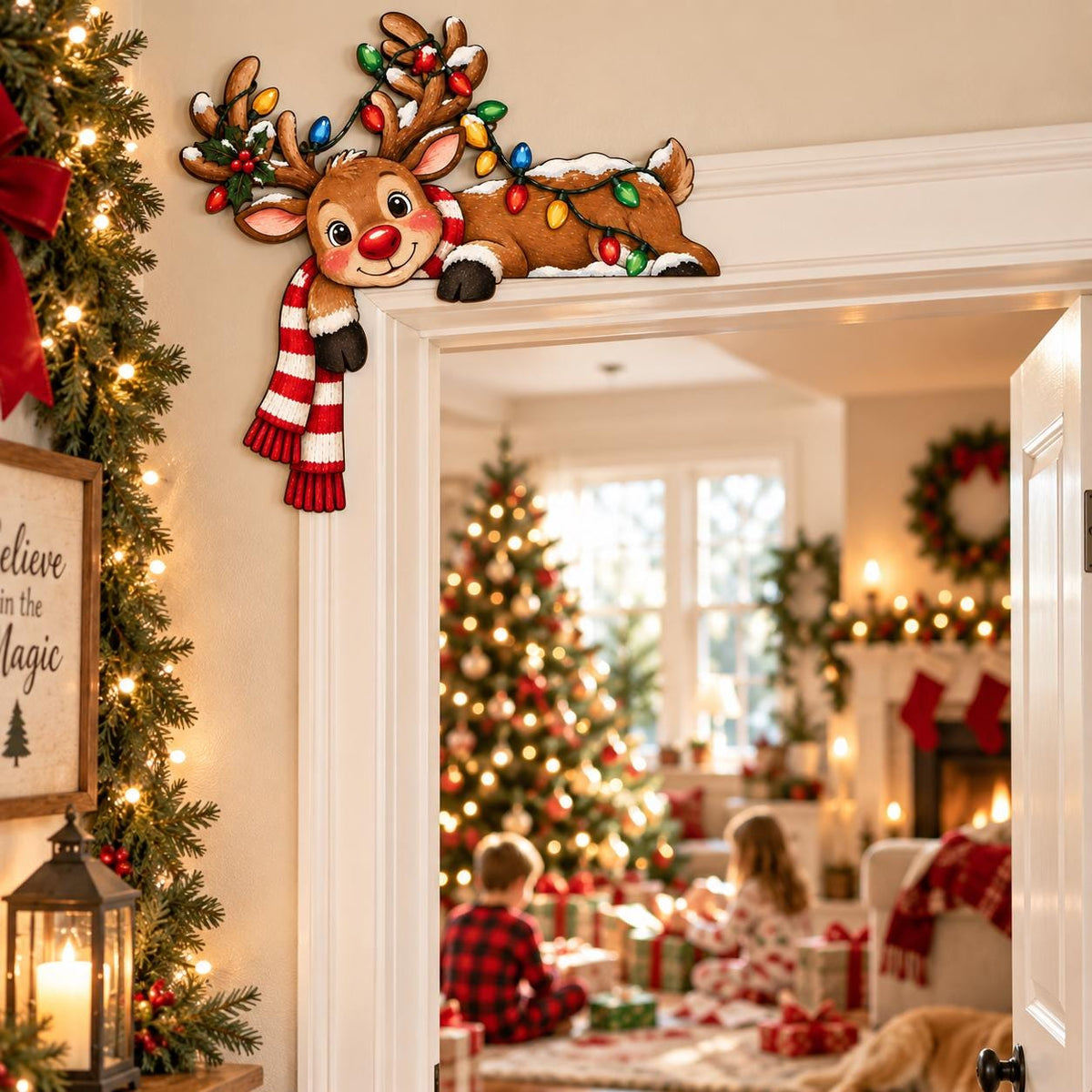May include: A decorative wooden reindeer cutout designed to sit on a door frame corner. The brown reindeer features a red nose, a red and white striped scarf, and antlers draped with colorful Christmas lights and green holly leaves.