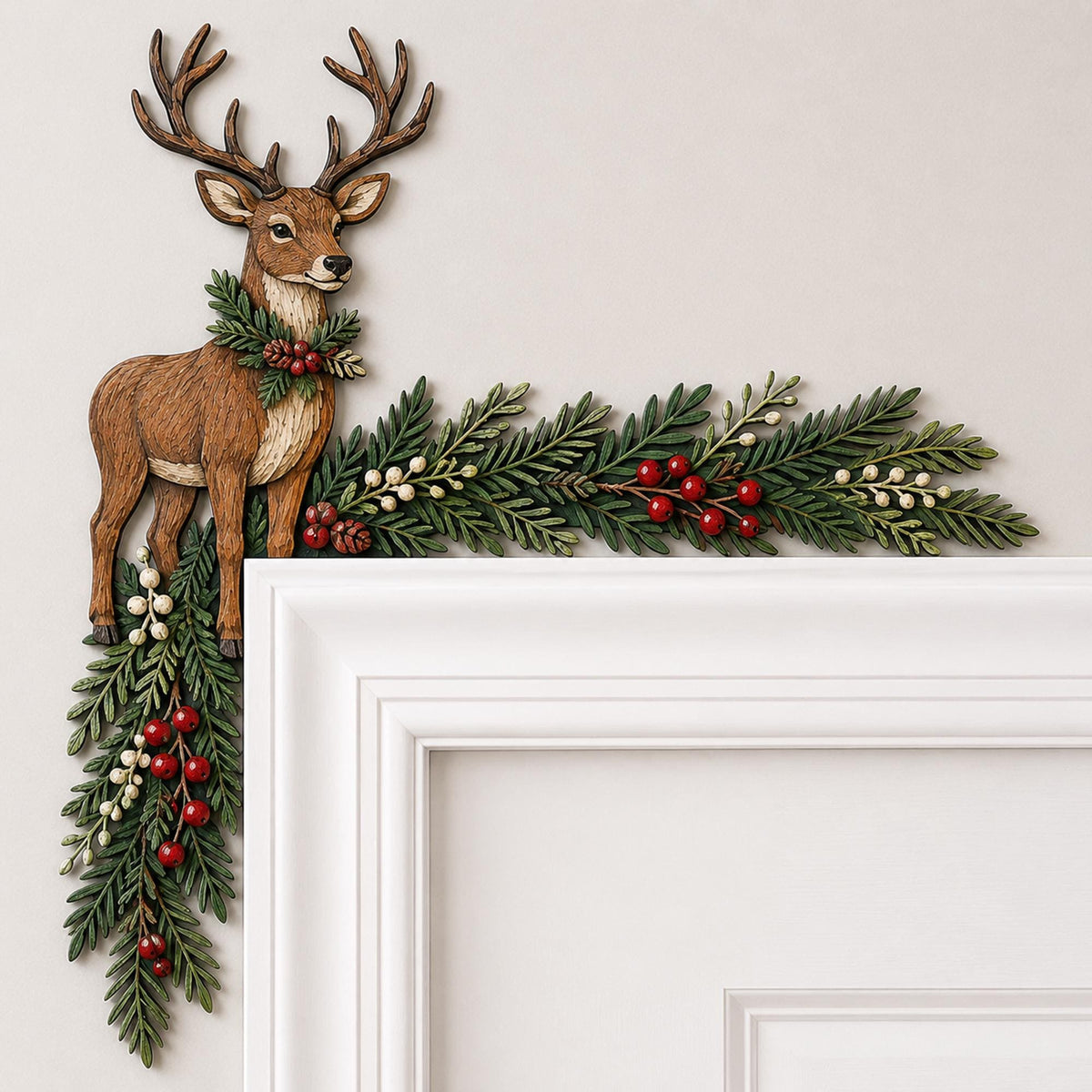 May include: A decorative door corner accent featuring a brown deer with antlers, adorned with a wreath of green pine needles, red berries, and white berries. The piece is designed to frame the upper corner of a white door frame or doorway.
