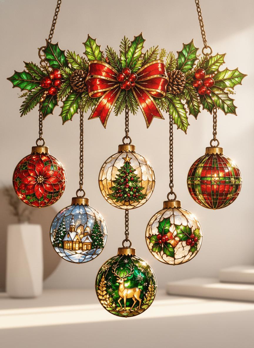 May include: A hanging decorative ornament featuring a central red bow, green holly leaves, and pinecones. Six stained-glass style spheres hang from chains, depicting a poinsettia, a Christmas tree, a plaid pattern, a winter village, holly, and a deer.