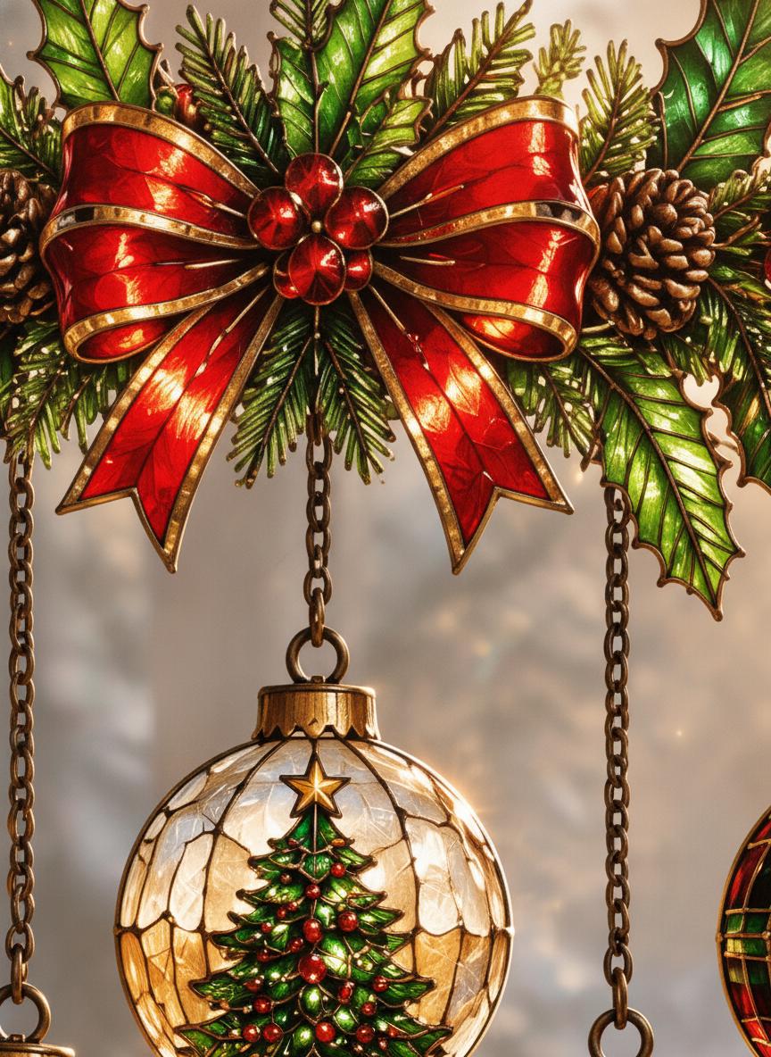 May include: A decorative Christmas ornament featuring a stained-glass style bauble with a central green tree design, suspended by a metal chain from a large red bow. The bow is accented with green holly leaves, red berries, and brown pinecones.