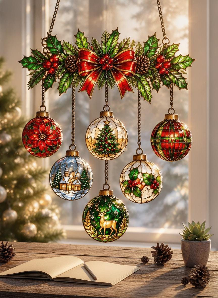 May include: A hanging stained glass ornament set featuring a central red bow with holly leaves and pinecones. Six spherical ornaments hang from chains, displaying designs of a poinsettia, a Christmas tree, a plaid pattern, a winter house, holly, and a deer.