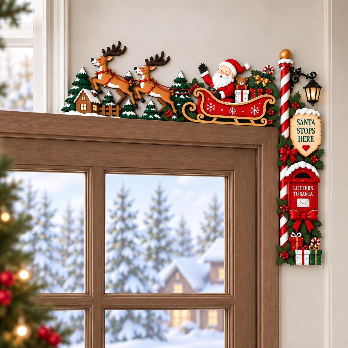 May include: A Christmas door corner decoration featuring Santa Claus in a red sleigh pulled by two reindeer, a small house, and pine trees. The vertical section includes a red and white striped pole, a sign reading SANTA STOPS HERE, and a mailbox.