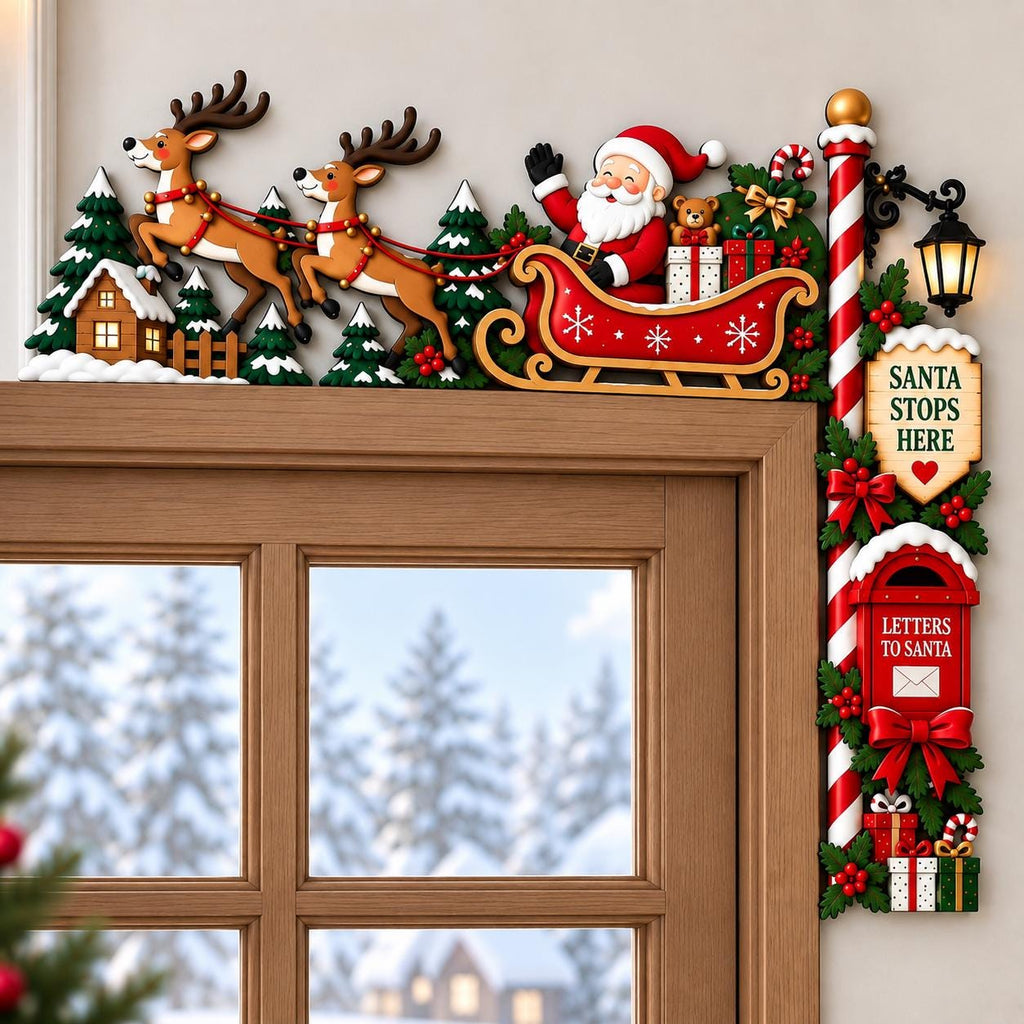 May include: A Christmas door corner decoration featuring Santa Claus in a red sleigh pulled by two reindeer, green pine trees, and a small house. A vertical post includes a lantern, a sign reading SANTA STOPS HERE, and a red mailbox labeled LETTERS TO SANTA.