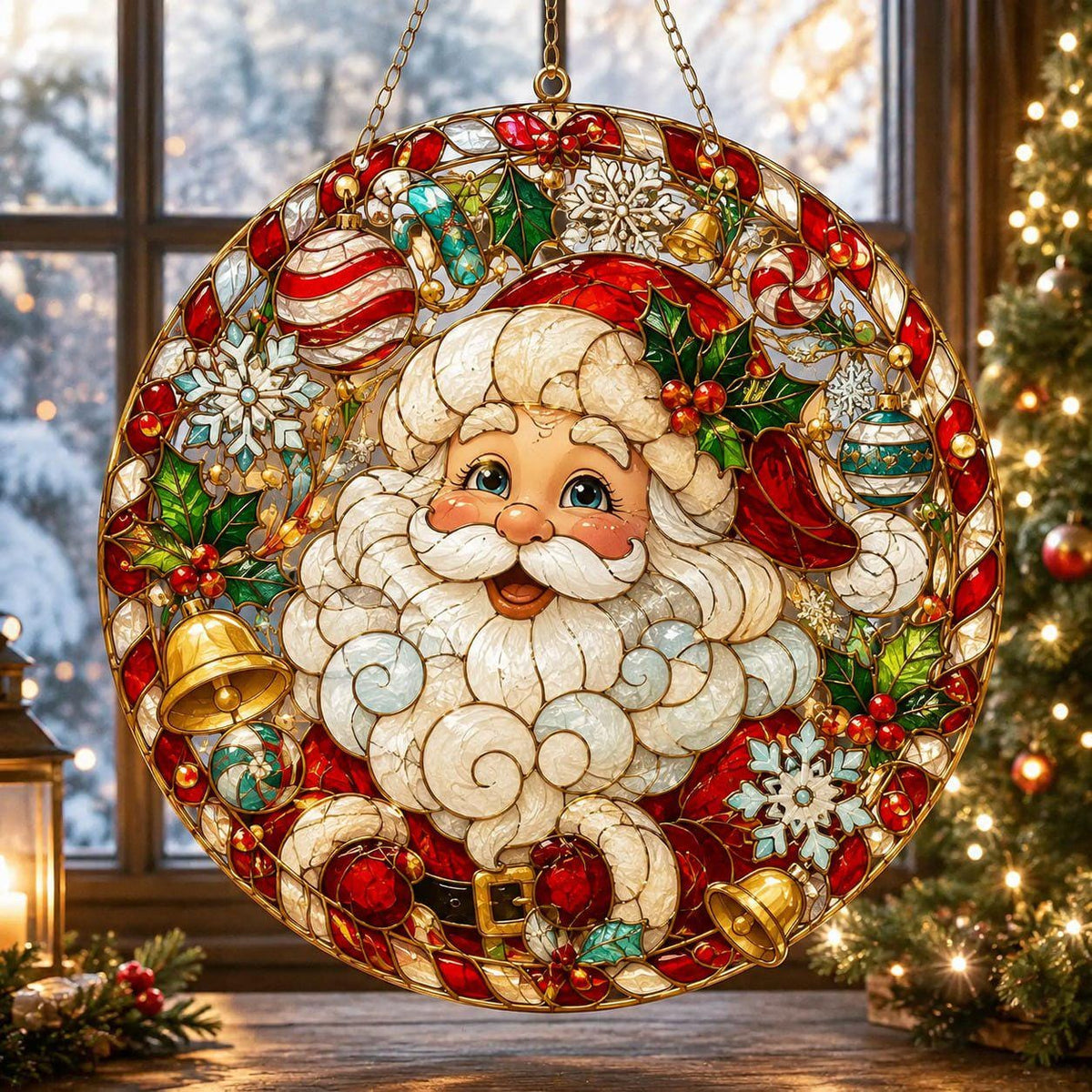 May include: A circular stained glass suncatcher featuring a central portrait of Santa Claus with a white beard, surrounded by a decorative border of red and green holly, gold bells, white snowflakes, and red and white striped candy ornaments.