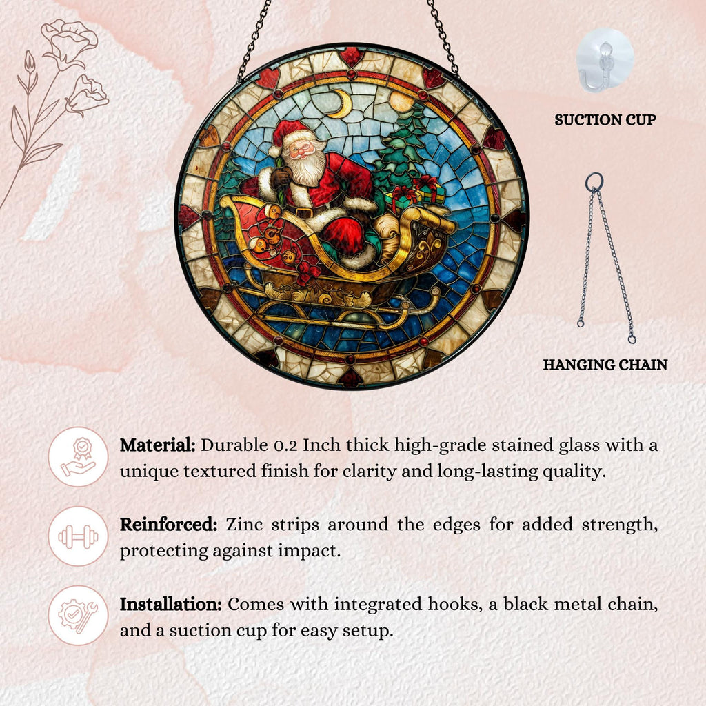 May include: A stained glass window hanging ornament featuring Santa Claus riding in a sleigh pulled by reindeer. The ornament is 0.2 inches thick and has a unique textured finish. It comes with a black metal chain, a suction cup, and integrated hooks for easy hanging.