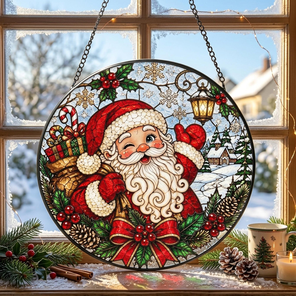 May include: A circular stained glass suncatcher featuring a winking Santa Claus with a white beard, red suit, and a sack of gifts. The design includes holly berries, pinecones, snowflakes, and a lantern, all framed by a black metal border with a chain.