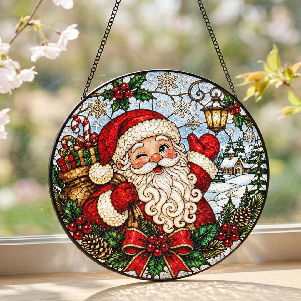 May include: A circular stained glass suncatcher featuring a winking Santa Claus in a red suit, carrying a sack of gifts. The design includes holly, pinecones, snowflakes, a lantern, and a house in a snowy landscape, suspended by a black chain.