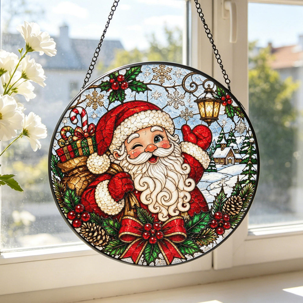 May include: A circular stained glass suncatcher featuring a winking Santa Claus in a red suit, carrying a sack of gifts. The design includes a lit lantern, snowflakes, holly berries, pinecones, and a red bow, all framed in a black metal border.