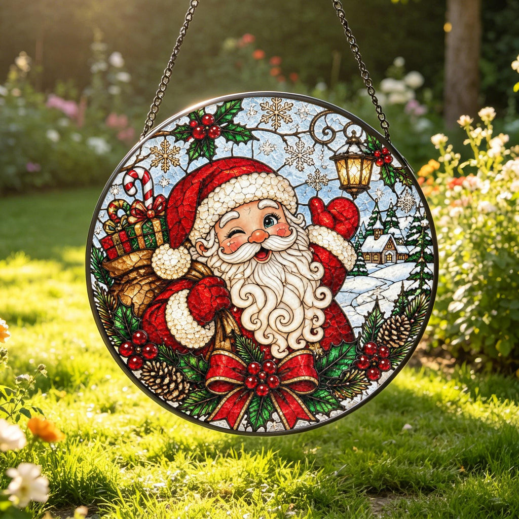 May include: A circular stained glass suncatcher featuring a winking Santa Claus with a white beard, red suit, and a sack of gifts. The design includes a lantern, snowflakes, pine cones, holly berries, and a large red bow, suspended by a black chain.