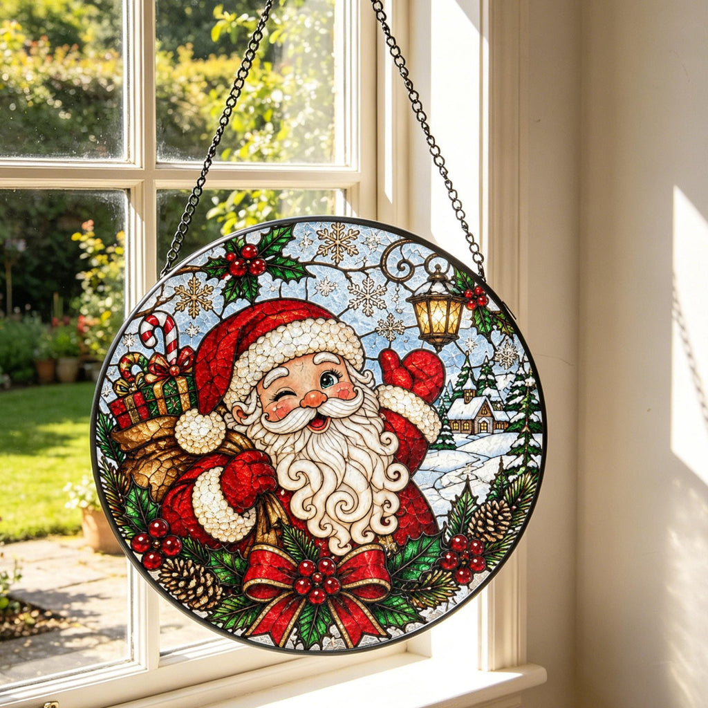 May include: A circular stained glass suncatcher featuring a winking Santa Claus with a white beard, red suit, and a sack of gifts. The design includes a winter landscape with a house, pine trees, snowflakes, holly berries, and a hanging lantern.