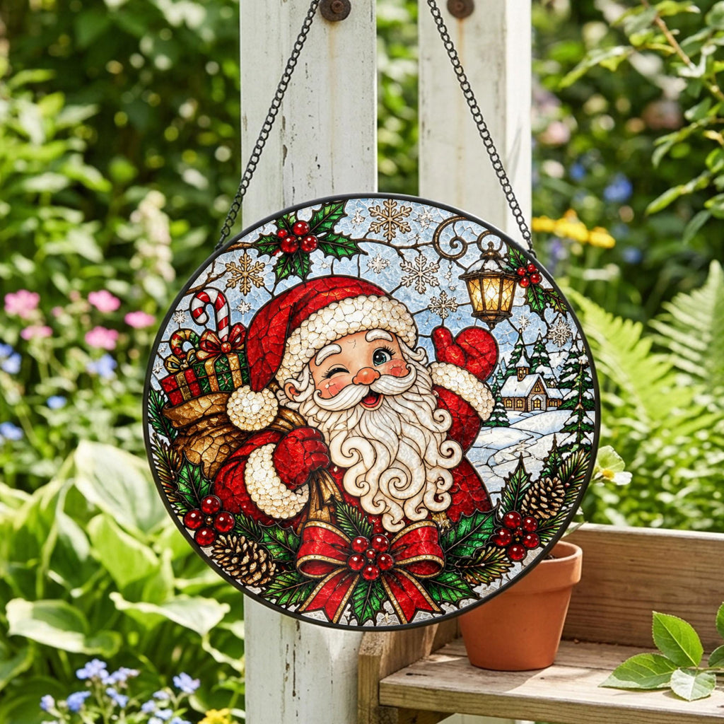 May include: A circular stained glass suncatcher featuring a winking Santa Claus with a white beard, red hat, and gloves. He carries a sack of gifts. The design includes holly, pinecones, snowflakes, and a lantern, all framed by a black metal border.