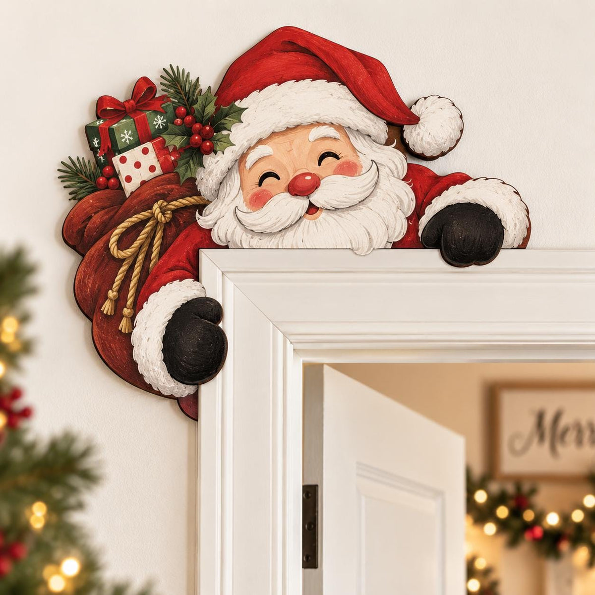 May include: A decorative wooden door corner topper featuring a smiling Santa Claus wearing a red hat with white trim. Santa holds a large red sack filled with wrapped gifts, green pine needles, and red berries, with black mittens resting on the frame.