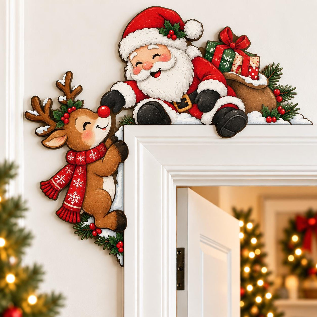 May include: A decorative wooden door corner sign featuring a smiling Santa Claus in a red suit with a sack of gifts and a reindeer wearing a red scarf with white snowflakes. The figures are accented with green pine branches and red berries.