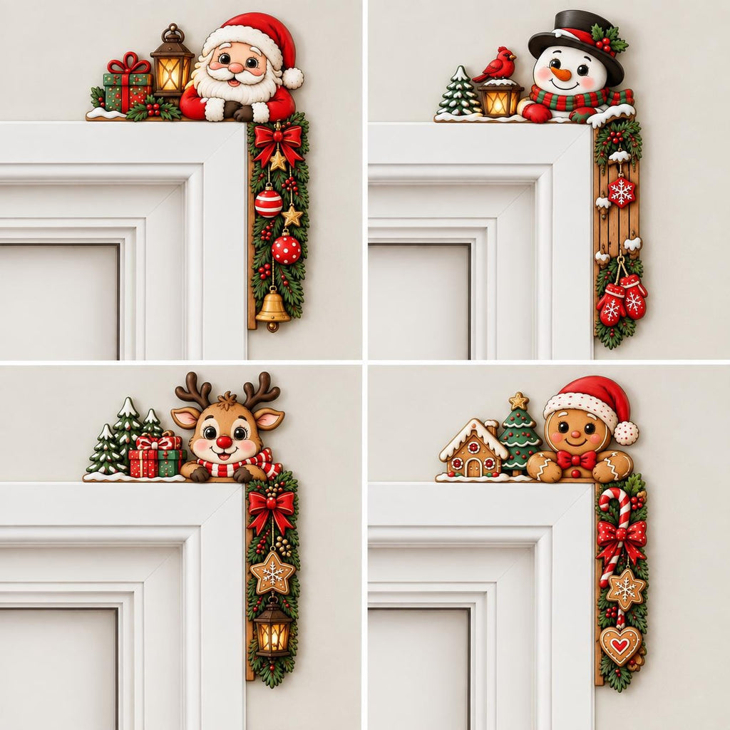May include: Four decorative Christmas door corner signs featuring Santa Claus, a snowman, a reindeer, and a gingerbread person. Each wooden-style piece includes festive elements like pine branches, red bows, ornaments, gifts, and lanterns.