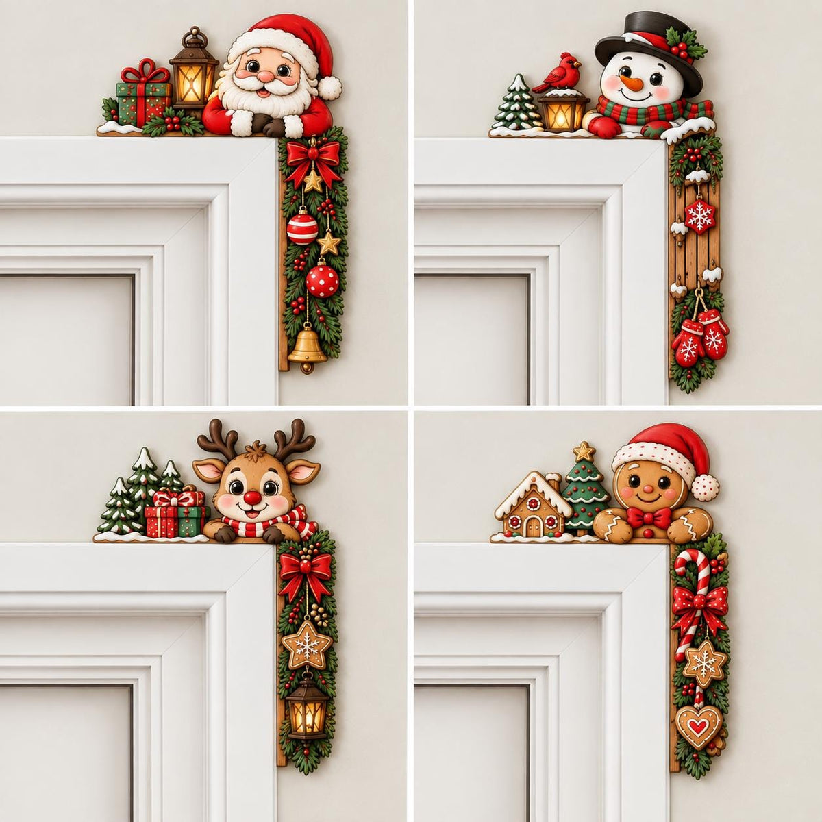May include: Four decorative Christmas door corner signs featuring Santa Claus, a snowman, a reindeer, and a gingerbread person. Each wooden-style piece includes festive elements like pine branches, red bows, ornaments, gifts, and lanterns.