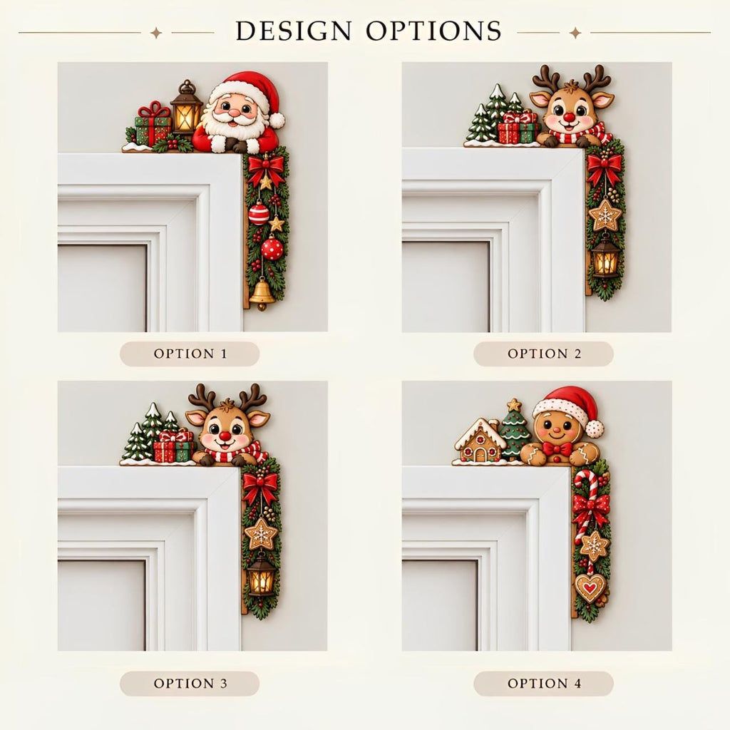 May include: Four decorative Christmas door corner signs labeled DESIGN OPTIONS. Option 1 features Santa, Option 2 a reindeer, Option 3 a reindeer with trees, and Option 4 a gingerbread person. Each includes green garland, red bows, and festive ornaments.