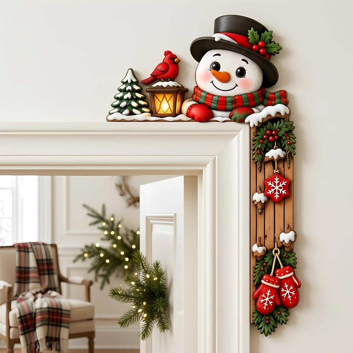 May include: A Christmas door corner decoration featuring a smiling snowman in a black top hat and red-green scarf, a lit lantern with a red cardinal, a pine tree, and a vertical wooden panel adorned with holly, a snowflake ornament, and red mittens.