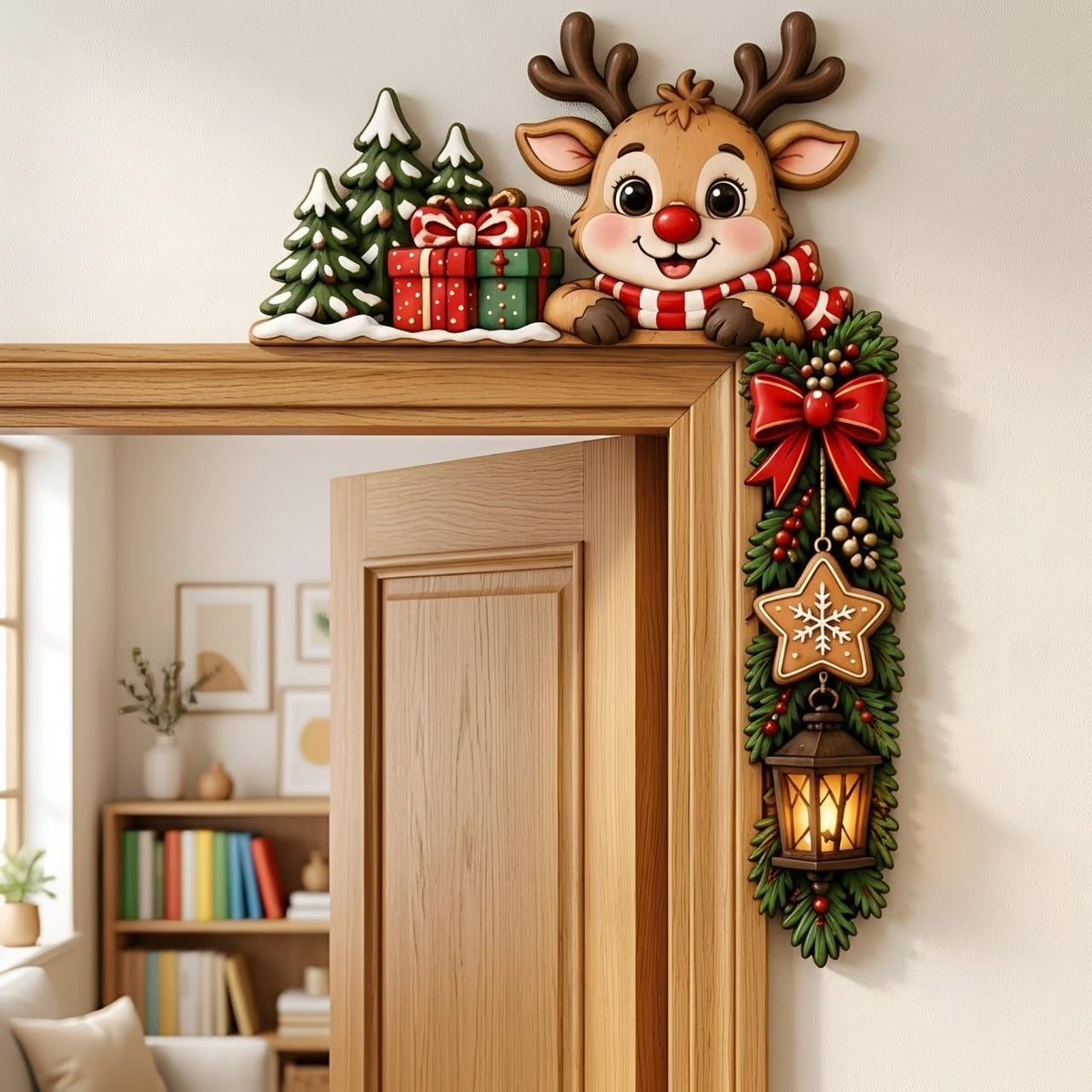 May include: A wooden door frame decoration featuring a cartoon reindeer with a red nose and striped scarf, green pine trees, and gift boxes on top. The side features a green garland with a red bow, a star-shaped cookie, and a hanging lantern.