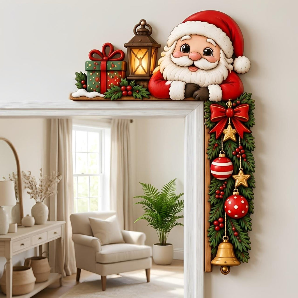 May include: A decorative Christmas door corner sign featuring a smiling Santa Claus, a lit lantern, and a green gift box with a red bow. The vertical section includes green pine branches, a large red bow, gold stars, red ornaments, and a gold bell.