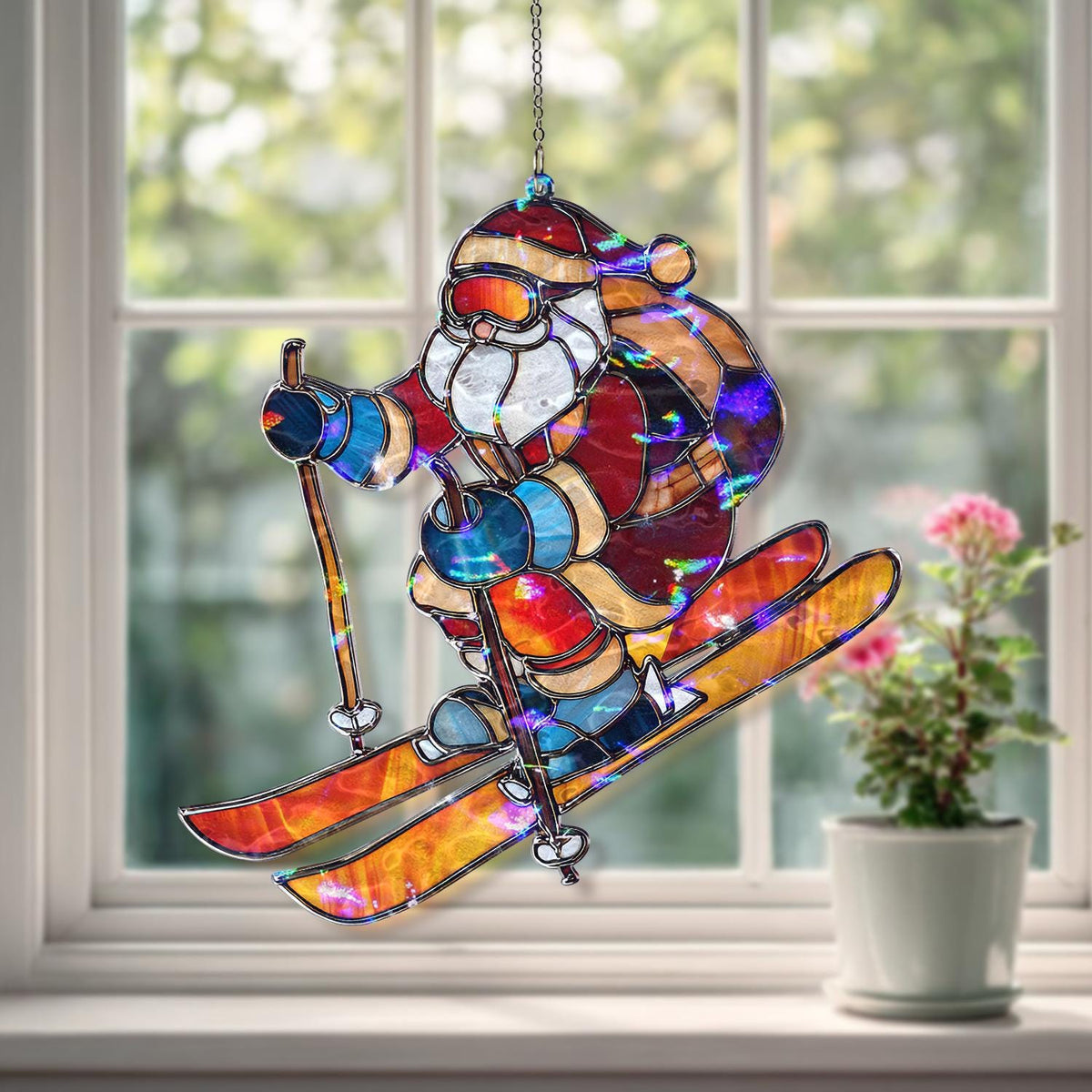 May include: Stained glass window hanging of Santa Claus skiing. The figure is depicted in red, blue, and gold tones, with skis and poles. The image is designed to be hung in a window, with a chain at the top.