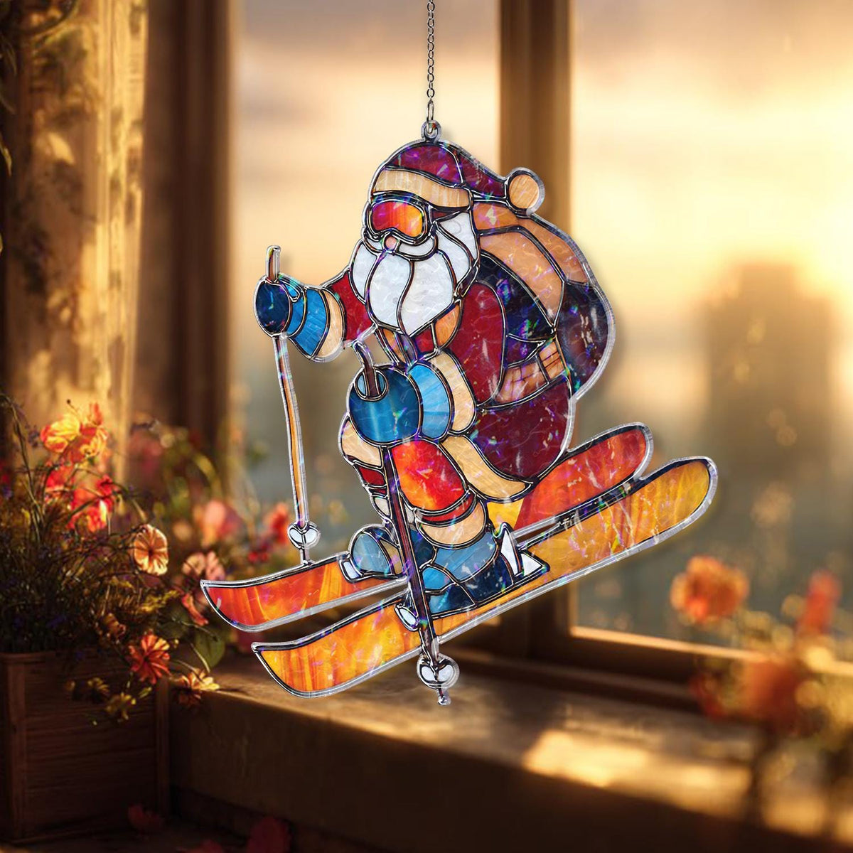 May include: Stained glass Christmas ornament depicting Santa Claus skiing. The ornament features a colorful design with red, blue, orange, and white hues. Santa is wearing a hat and goggles, holding ski poles, and skiing down a slope.