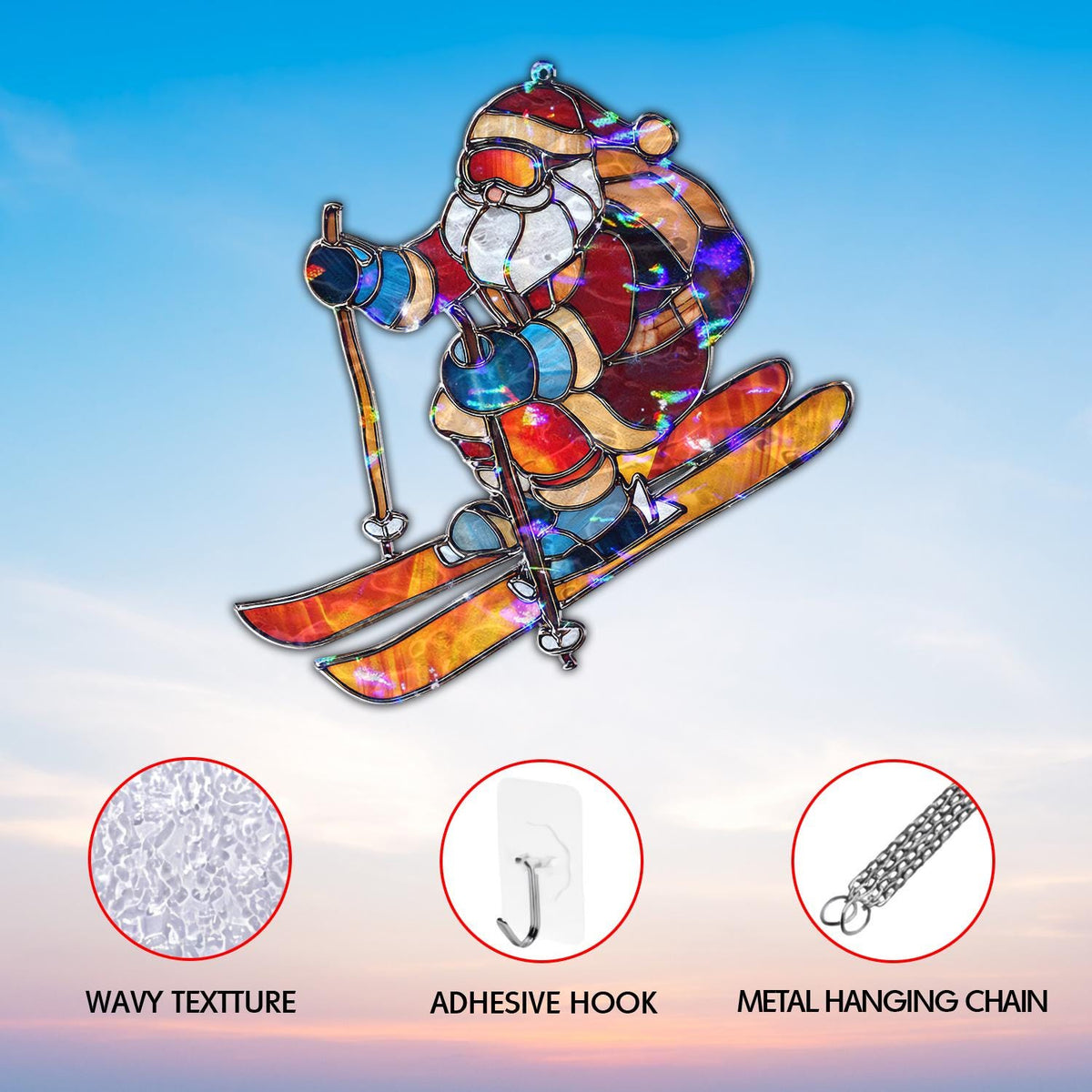 May include: Stained glass depiction of Santa Claus skiing, featuring a red hat and suit, with orange and yellow skis. Includes a wavy texture, adhesive hook, and metal hanging chain for display.