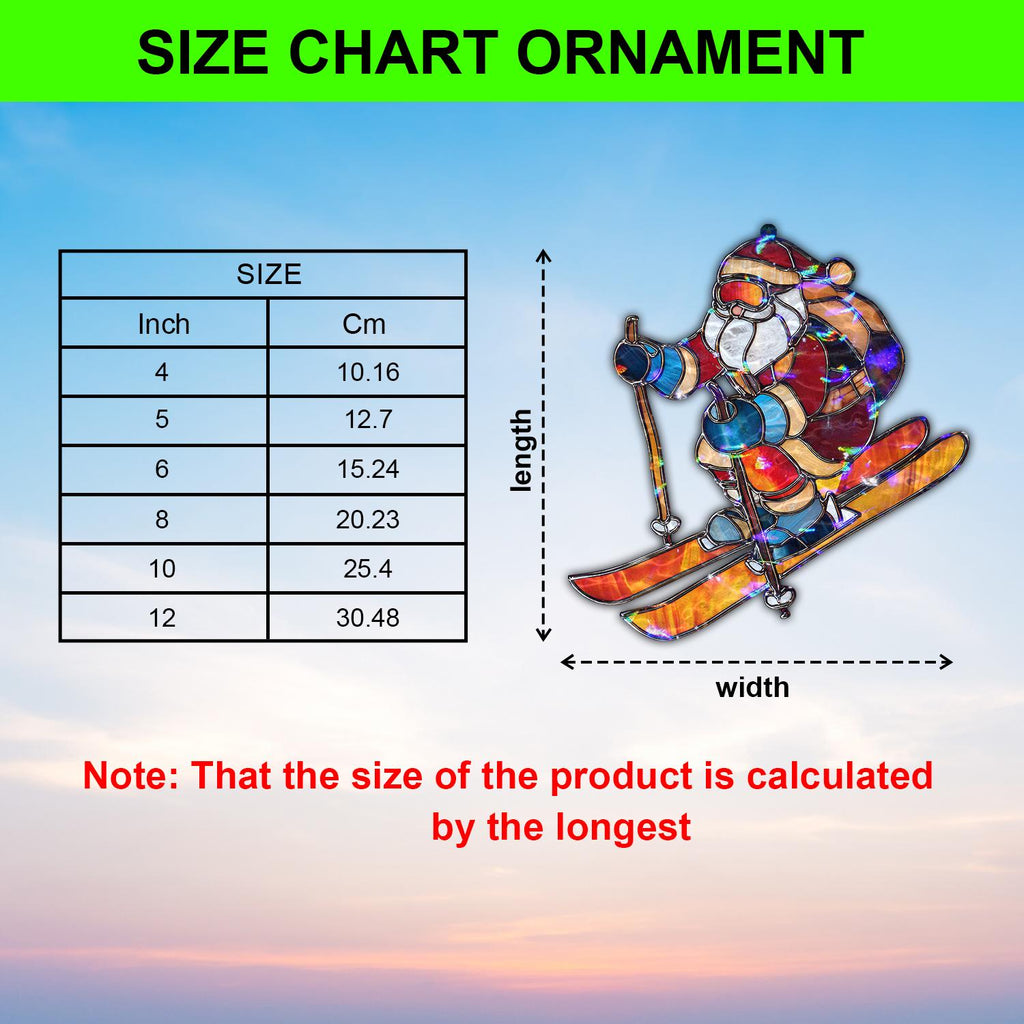 May include: A colorful ornament featuring Santa Claus skiing, with a size chart showing measurements in inches and centimeters. The ornament's longest dimension ranges from 4 inches (10.16 cm) to 12 inches (30.48 cm). The text reads "SIZE CHART ORNAMENT".