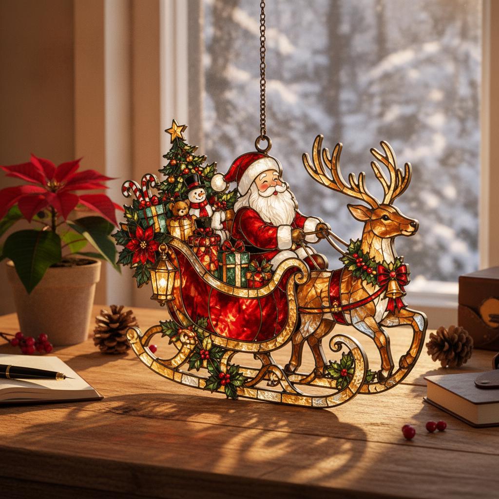 May include: A stained glass hanging ornament featuring Santa Claus in a red suit riding a sleigh pulled by a reindeer. The sleigh is filled with wrapped gifts, a small Christmas tree, and a snowman. It includes a hanging chain and metal frame.