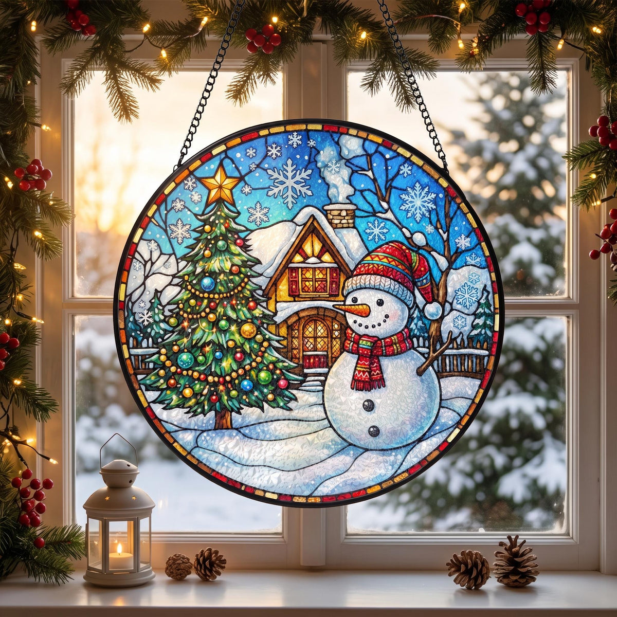May include: A circular stained glass suncatcher featuring a winter scene with a snowman wearing a red and blue striped hat and scarf, a decorated Christmas tree with a yellow star topper, and a house in the background under a blue sky.